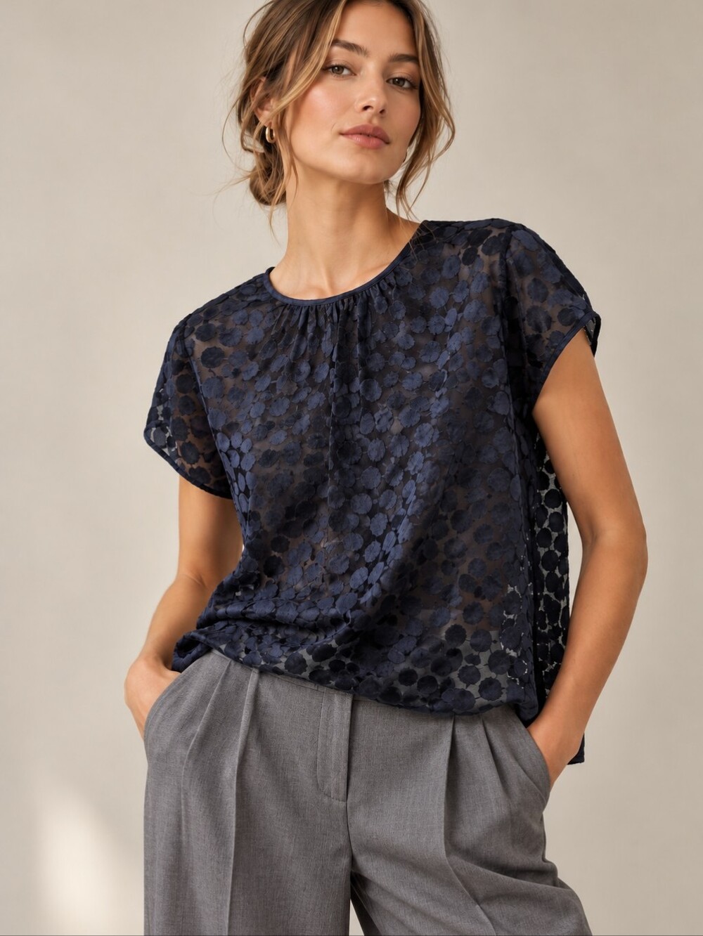 FACONNABLE France Sheer Black Polka Dot Puff Cap Sleeve Blouse Top Shirt M